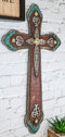 Rustic Western Cowboy Diamond Teardrop Crystals Tooled Leather Wall Cross Plaque