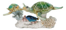 Green Sea Turtles Family Swimming By Coral Reef Sea Anemone Blue Fish Figurine