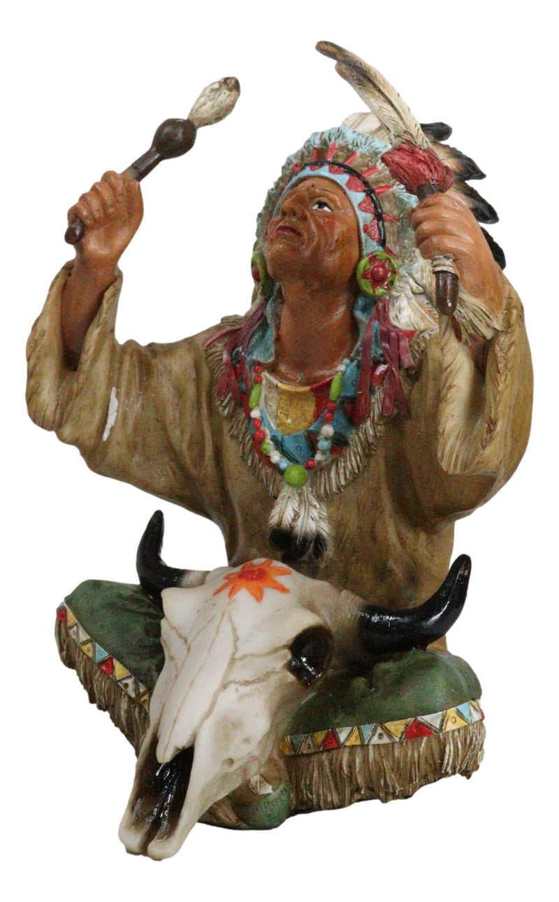 Indian Tribal Chief With Headdress Roach And Bull Skull Ritual Ceremony Figurine