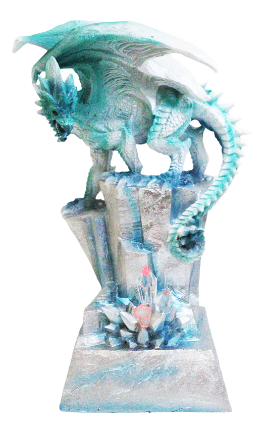Winter White Dragon On Frozen Ice Cliff With LED Light Crystals Decor Figurine