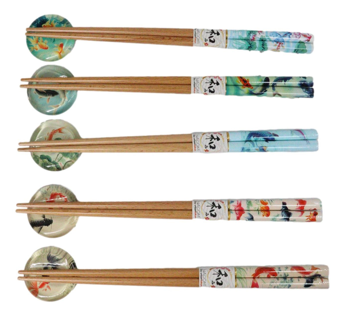 5 Pairs Of Koi Fishes In Pond Buttons Ceramic Rests With Wooden Chopsticks Set