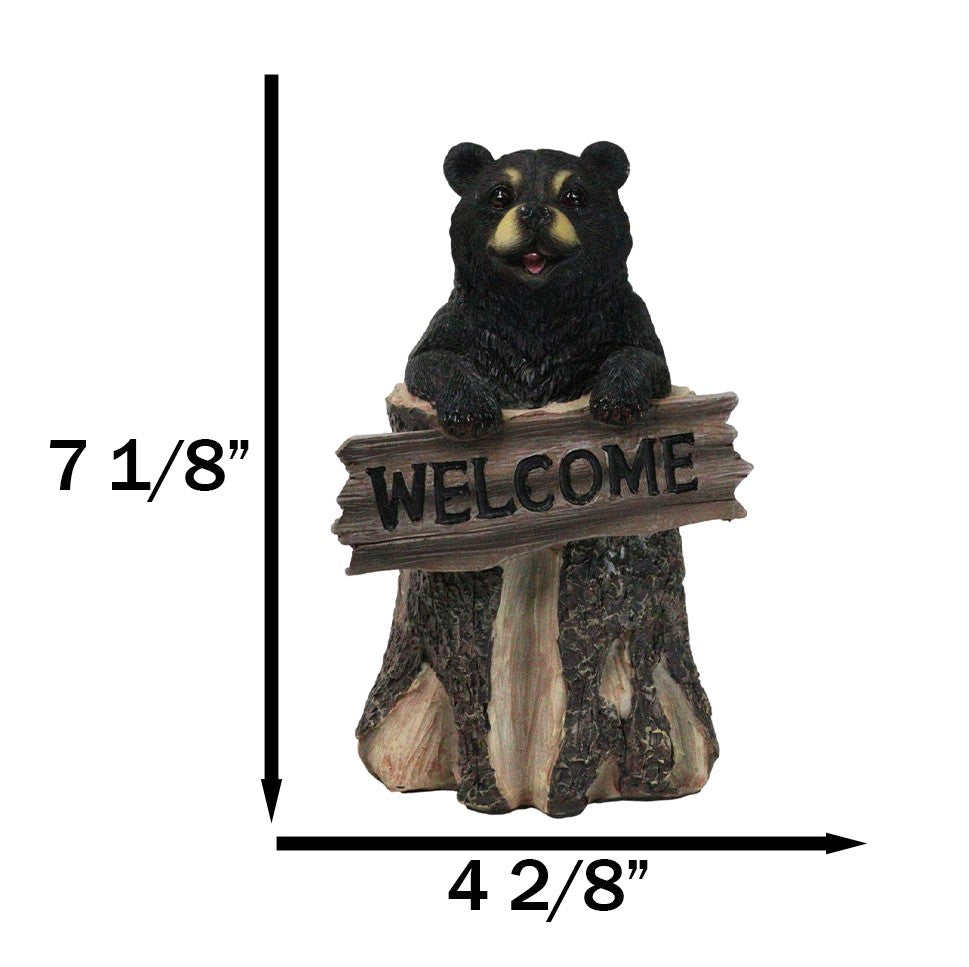 Whimsical Forest Black Bear On Tree Log Holding Welcome Plank Sign Figurine 7"H