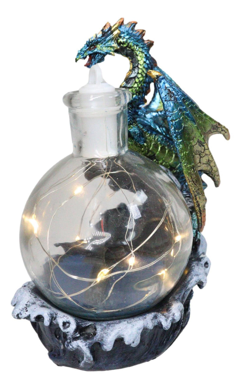 Metallic Sea Dragon Rising Above Waves by LED Glass Bottle With Ship Figurine