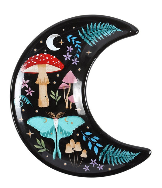 Porcelain Wicca Dark Forest Toadstool Mushrooms Moth Crescent Moon Trinket Dish