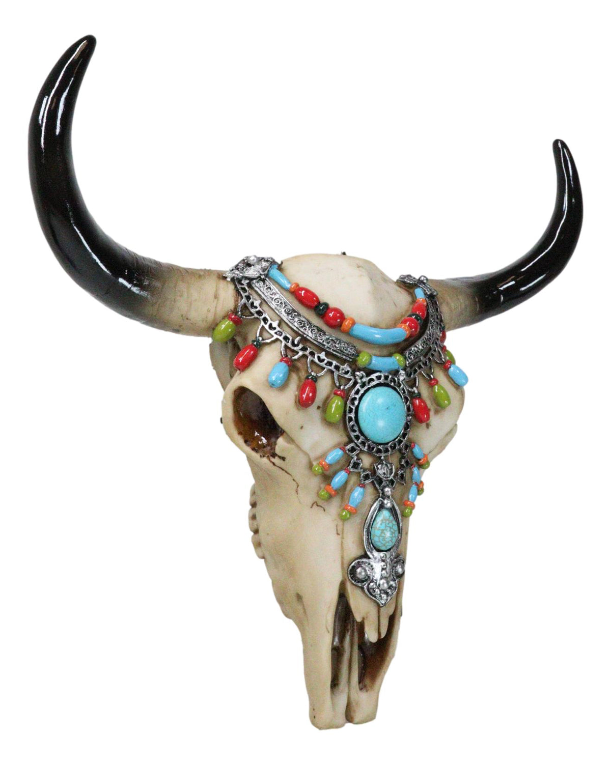 Southwestern Buffalo Cow Skull With Turquoise Silver Face Jewelry Wall Decor