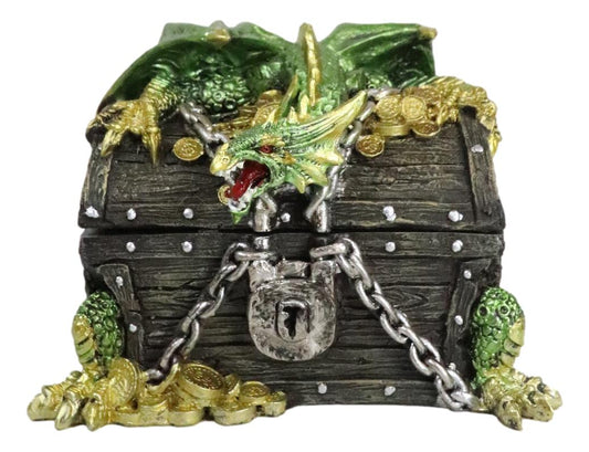 Gold Green Treasure Dragon Guarding Pirate Chest Decorative Jewelry Trinket Box - Ebros Gift