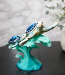 Marine Blue Shelled Sea Turtle Mother and Hatchling Swimming With Waves Figurine