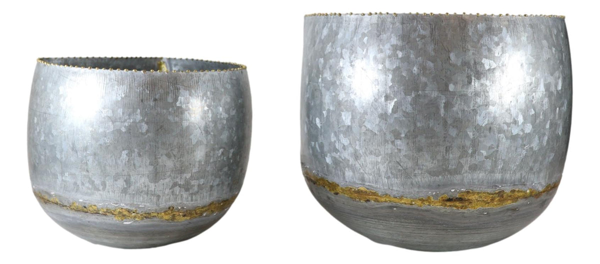 Farmhouse Rustic Galvanized Metal Silver with Gold Accent Wall Planters Set of 2