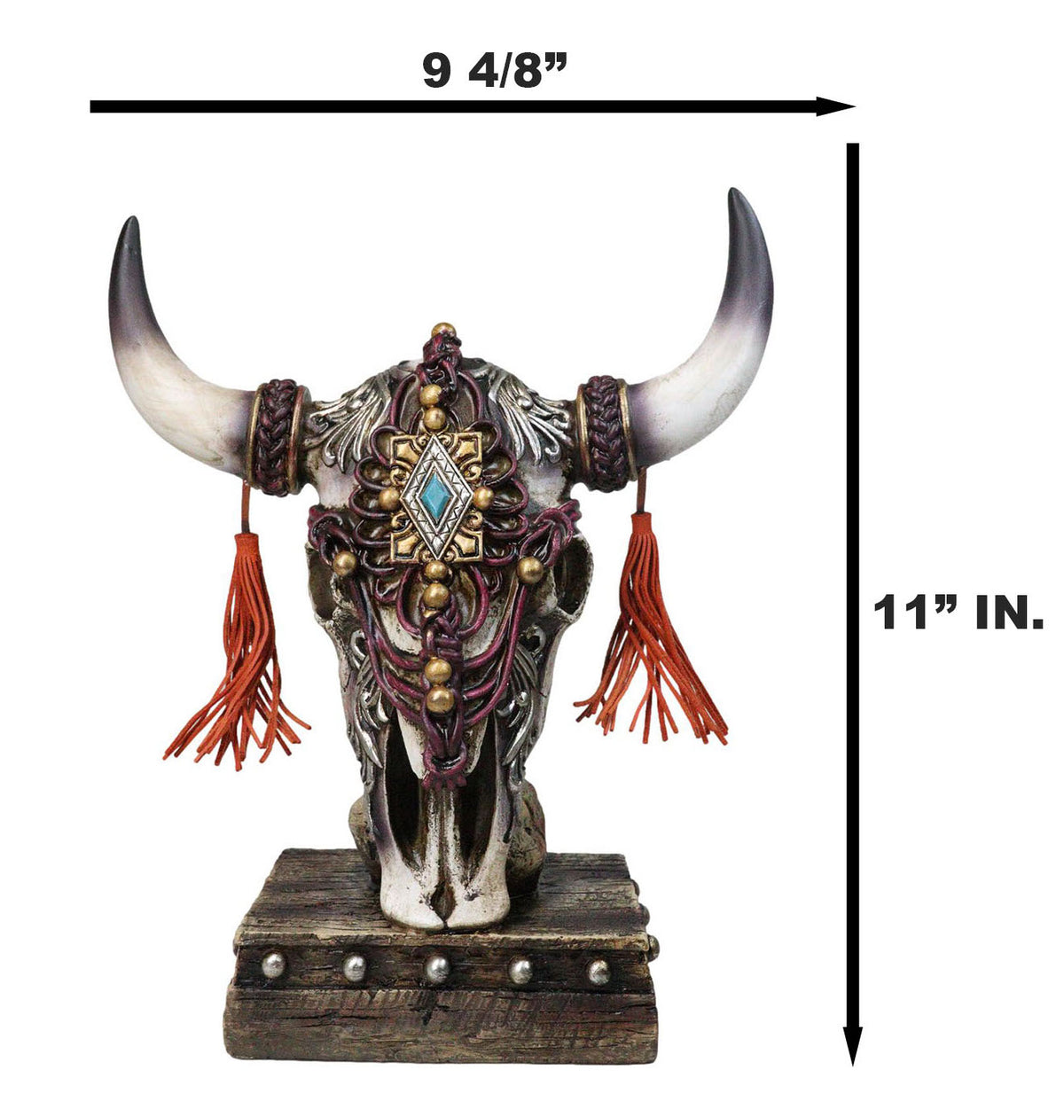 Rustic Western Cow Skull Turquoise Diamond Scrollwork Tassels Trophy Figurine