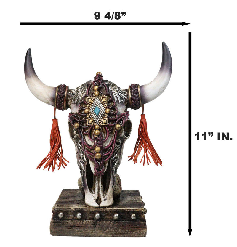 Rustic Western Cow Skull Turquoise Diamond Scrollwork Tassels Trophy Figurine