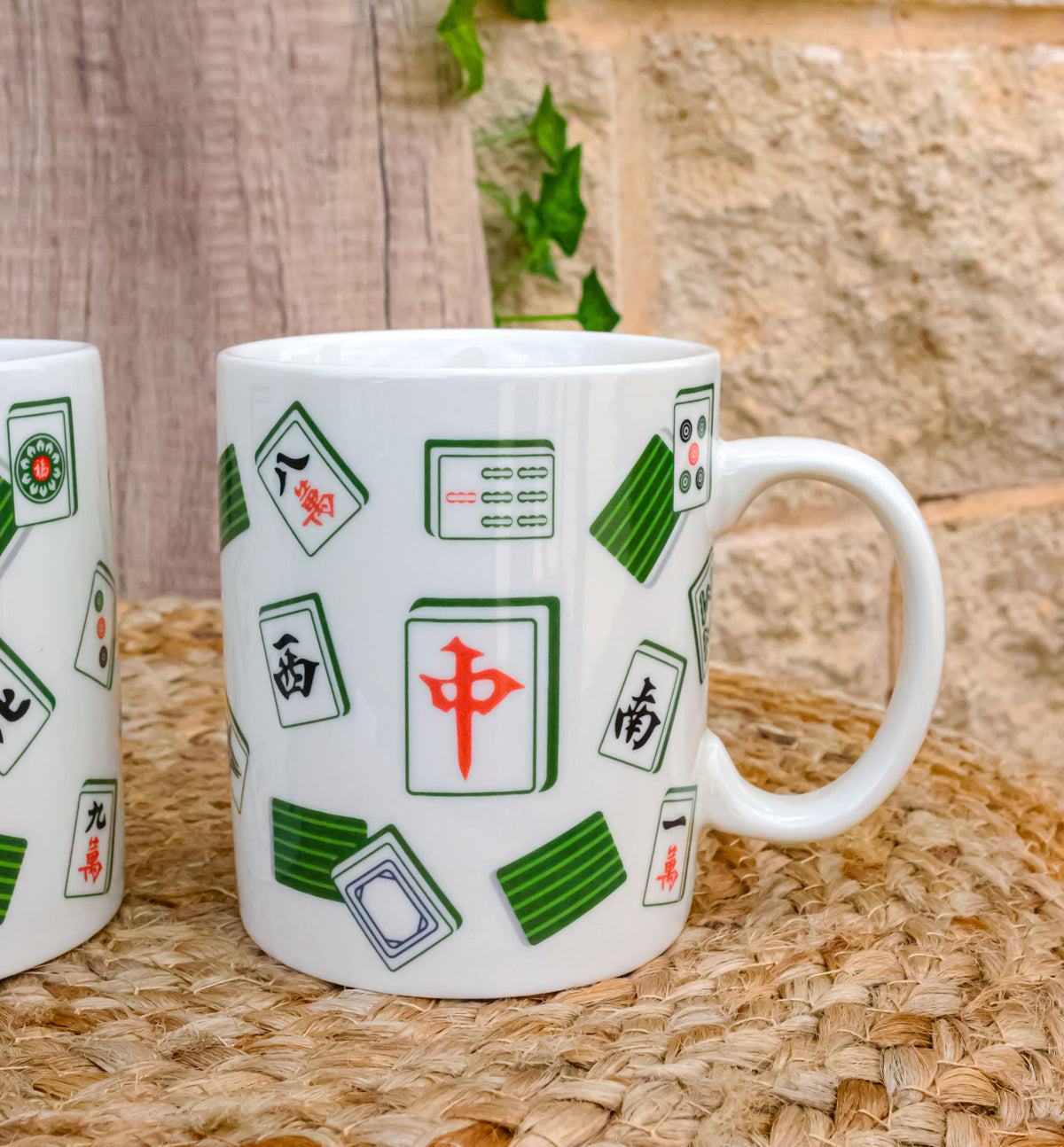 Set Of 2 Green White Chinese Mahjong Character Tiles Ceramic Mug Cups 11oz