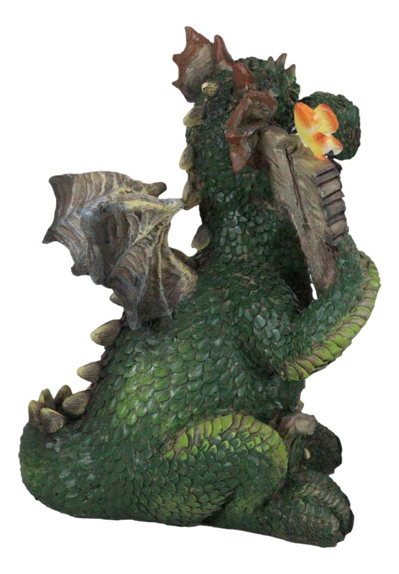 Whimsical Green Garden Dragon With Butterfly With Welcome Plank Sign Figurine