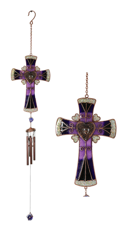 Purple Floral Scroll Hearts Christian Cross Art Glass Metal Resonant Wind Chime