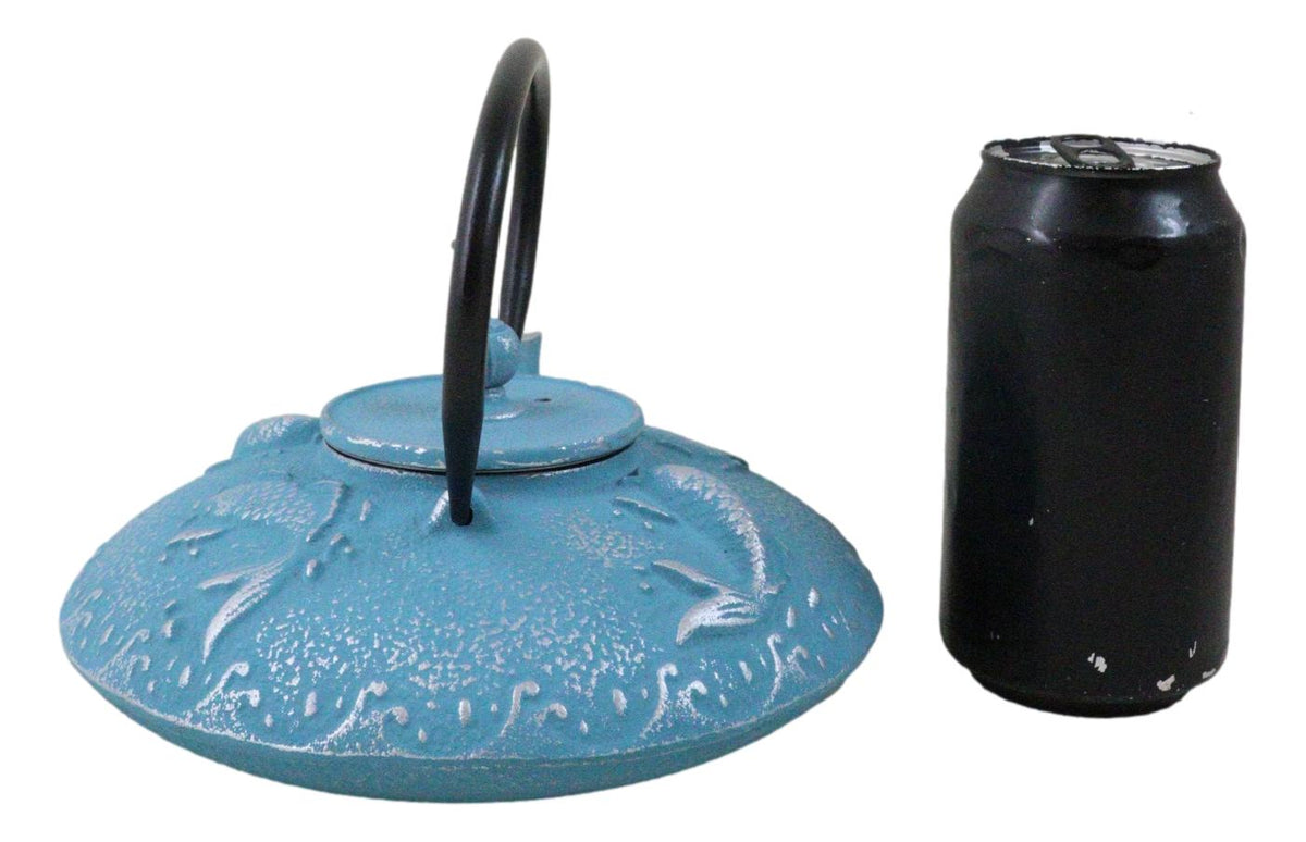 Turquoise Blue Auspicious Koi Fishes Cast Iron Tetsubin Teapot With Enamel Liner
