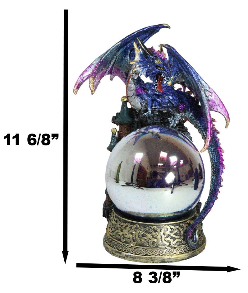Blue Dragon Perching On Castle Top With Celtic Base And LED Optic Ball Statue