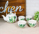 Green Bamboo Forest Porcelain 30oz Teapot With Bamboo Handle And 4 Tea Cups Set