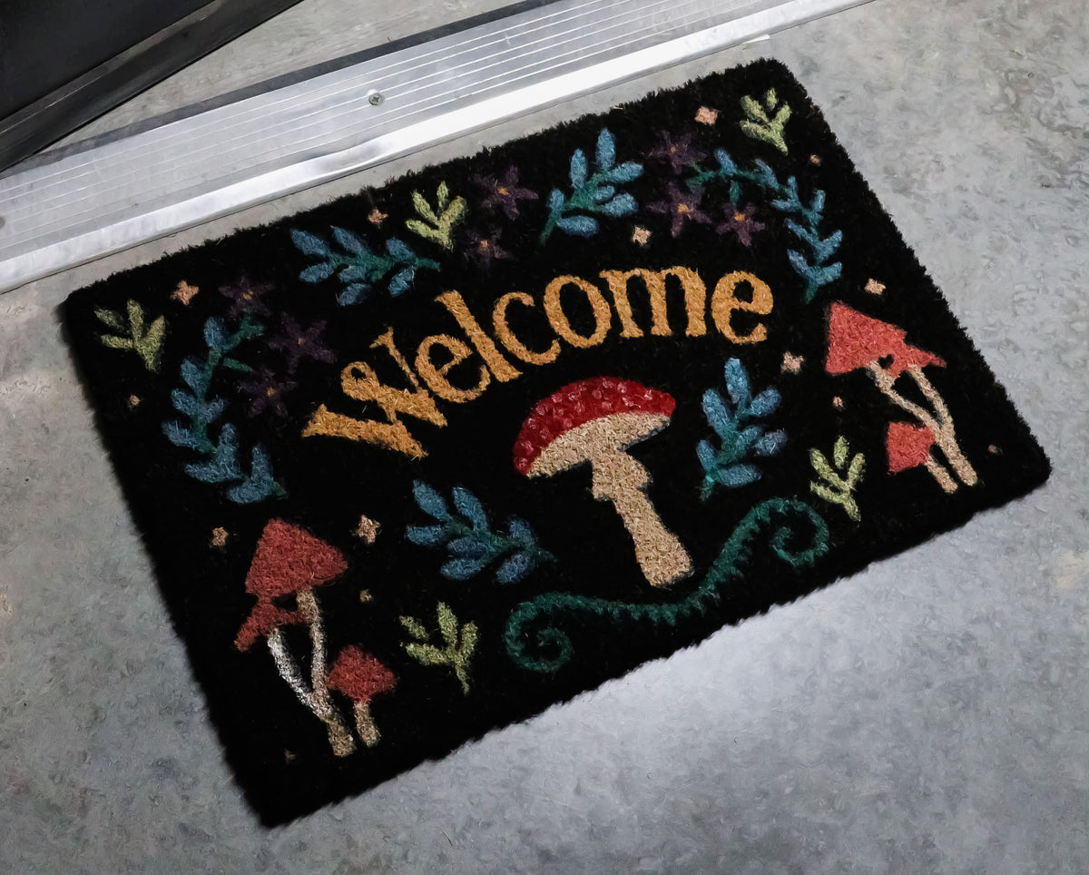 Welcome Mushrooms and Herbs Botanica Black Coir Coconut Fiber Floor Mat Doormat - Ebros Gift