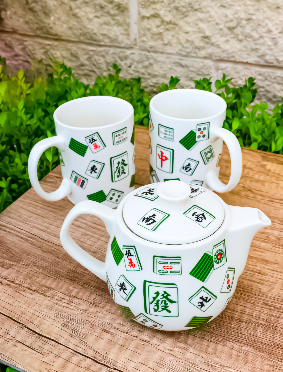 Green White Chinese Mahjong Tiles Ceramic Tea Pot 15oz And 2 Cup Mugs 11oz Set