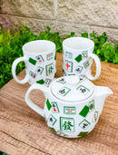 Green White Chinese Mahjong Tiles Ceramic Tea Pot 15oz And 2 Cup Mugs 11oz Set