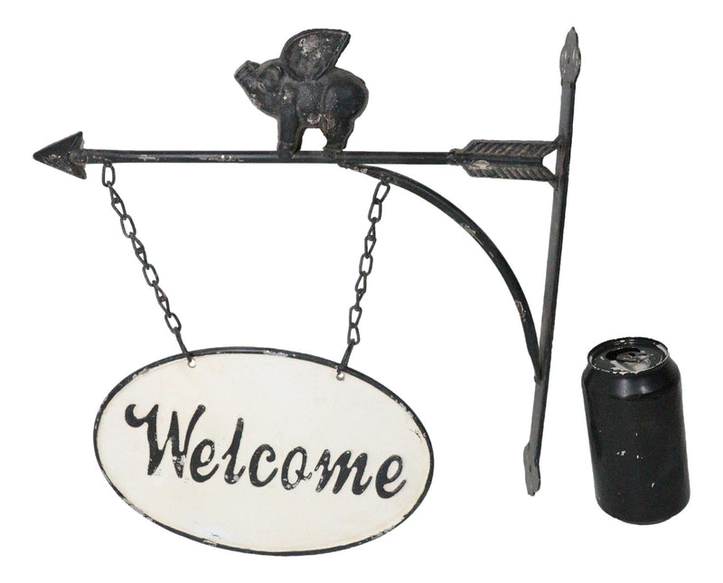 Cast Iron Rustic Farmhouse When Pigs Fly Angel Pig With Arrow Welcome Wall Sign
