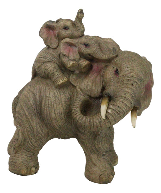 Safari Savanna Whimsical Elephant Father And 2 Calves On Piggyback Figurine 5"H - Ebros Gift
