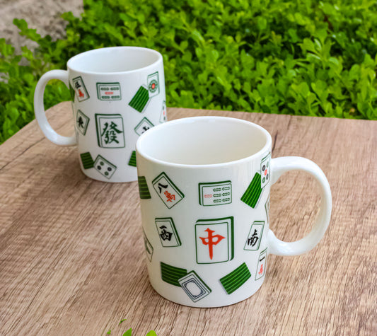 Set Of 2 Green White Chinese Mahjong Character Tiles Ceramic Mug Cups 11oz