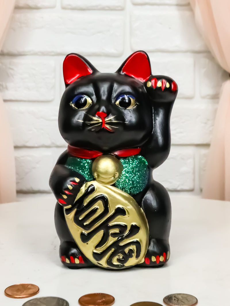 Japanese Luck Fortune Charm Black Beckoning Cat Maneki Neko Money Bank Statue 5"