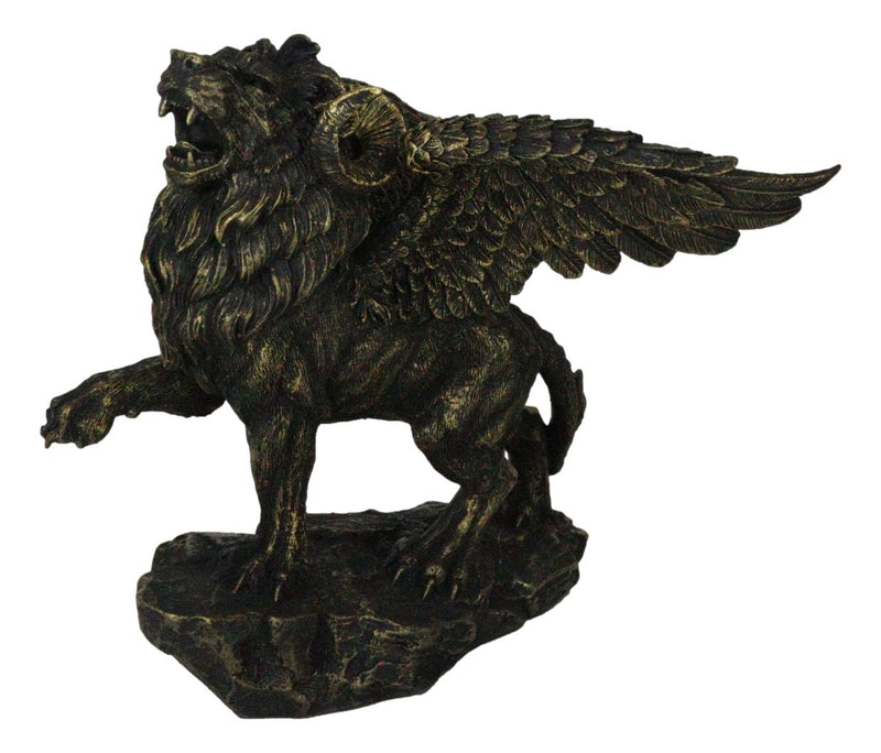 Faux Bronze Greek Guardian Winged Lion Chimera Gargoyle With Goat Horns Figurine