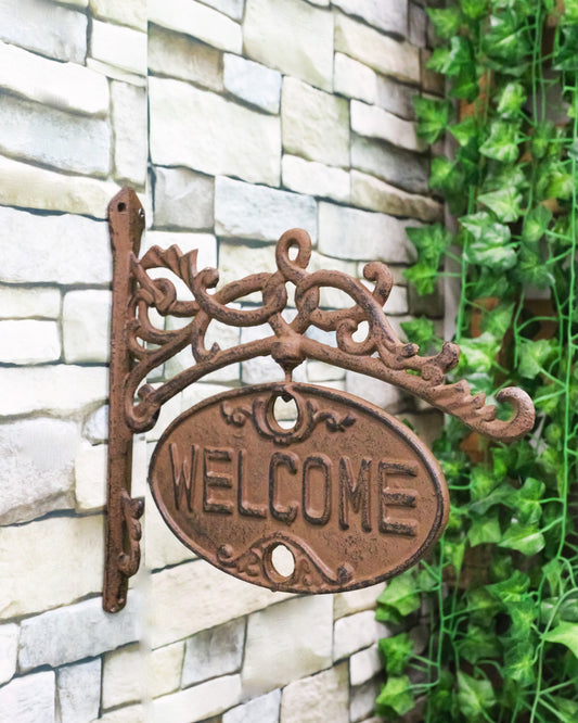 Cast Iron Vintage Rustic Victorian Scrollwork Welcome Or Go Away Wall Sign Decor