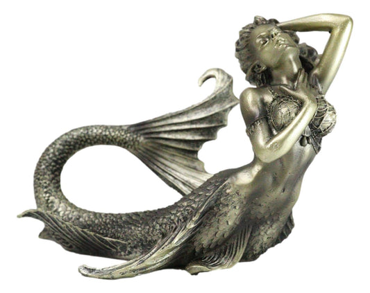 Nautical Aged Bronze Resin Seductive Mermaid Siren With Fishnets Figurine 7"L - Ebros Gift