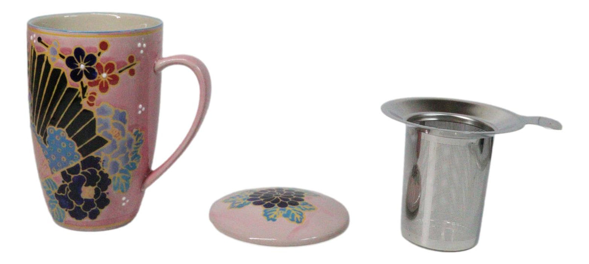Japanese Fan Festival 15oz Porcelain Tea Mug With Lid & Stainless Steel Infuser