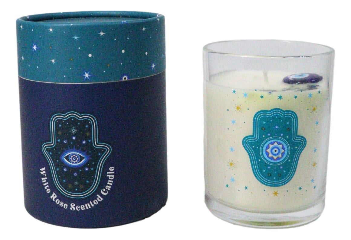 Ebros Wicca Hand of Hamsa Watchful Eye White Rose Scented Crystals Jar Candle