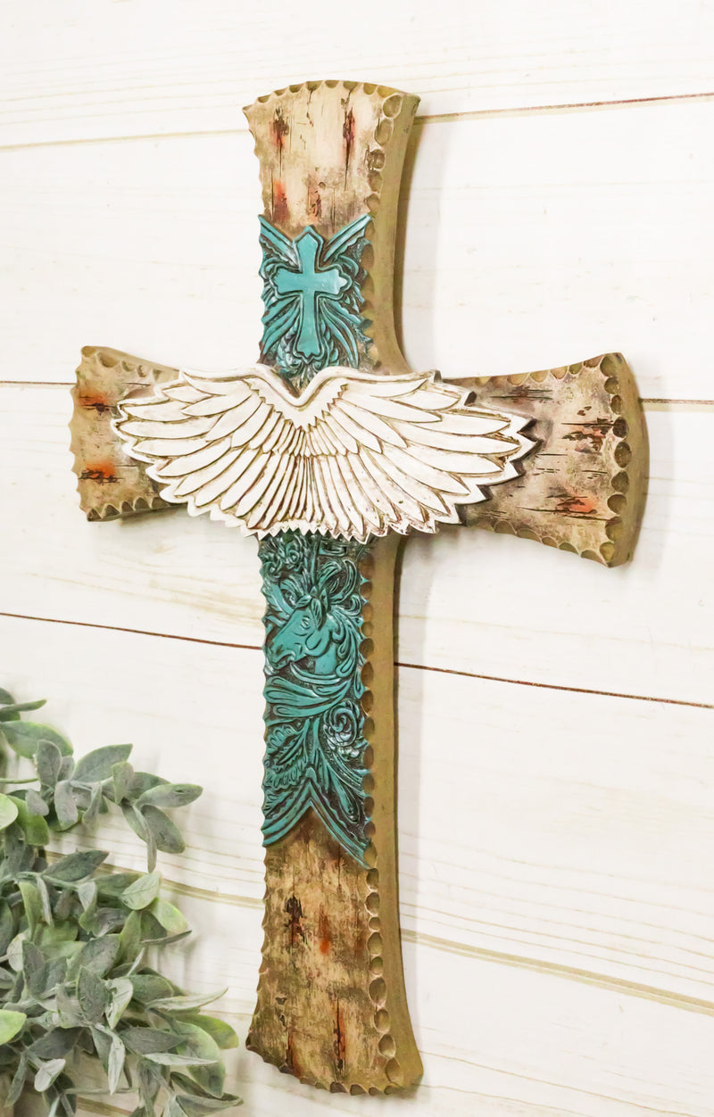 Rustic Western Angel Wings Turquoise Horse And Floral Tooled Leather Wall Cross
