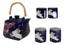 Blue Sakura Cherry Blossoms With Rabbit Hexagonal Teapot With 4 Tea Cups Set