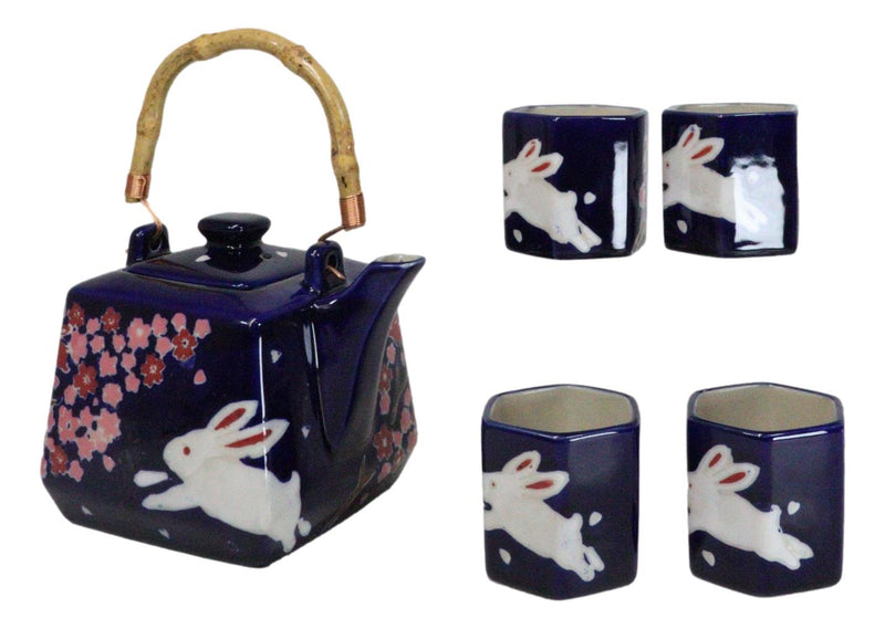 Blue Sakura Cherry Blossoms With Rabbit Hexagonal Teapot With 4 Tea Cups Set