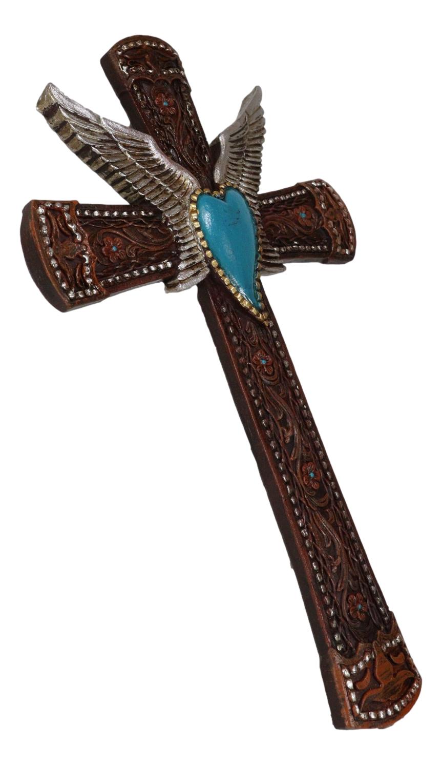 Western Boho Chic Turquoise Heart Angel Wings Tooled Floral Leather Wall Cross - Ebros Gift