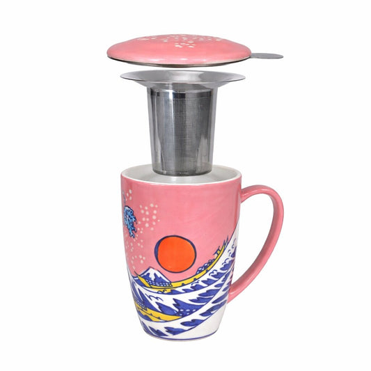 Sunset Ocean Waves 15oz Porcelain Tea Mug With Lid & Stainless Steel Infuser