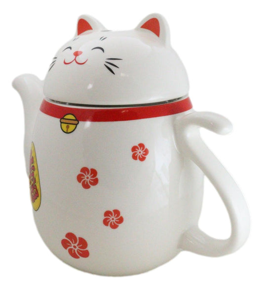 Japanese Maneki Neko Lucky Beckoning Cat Ceramic Tea Pot With Metal Strainer - Ebros Gift