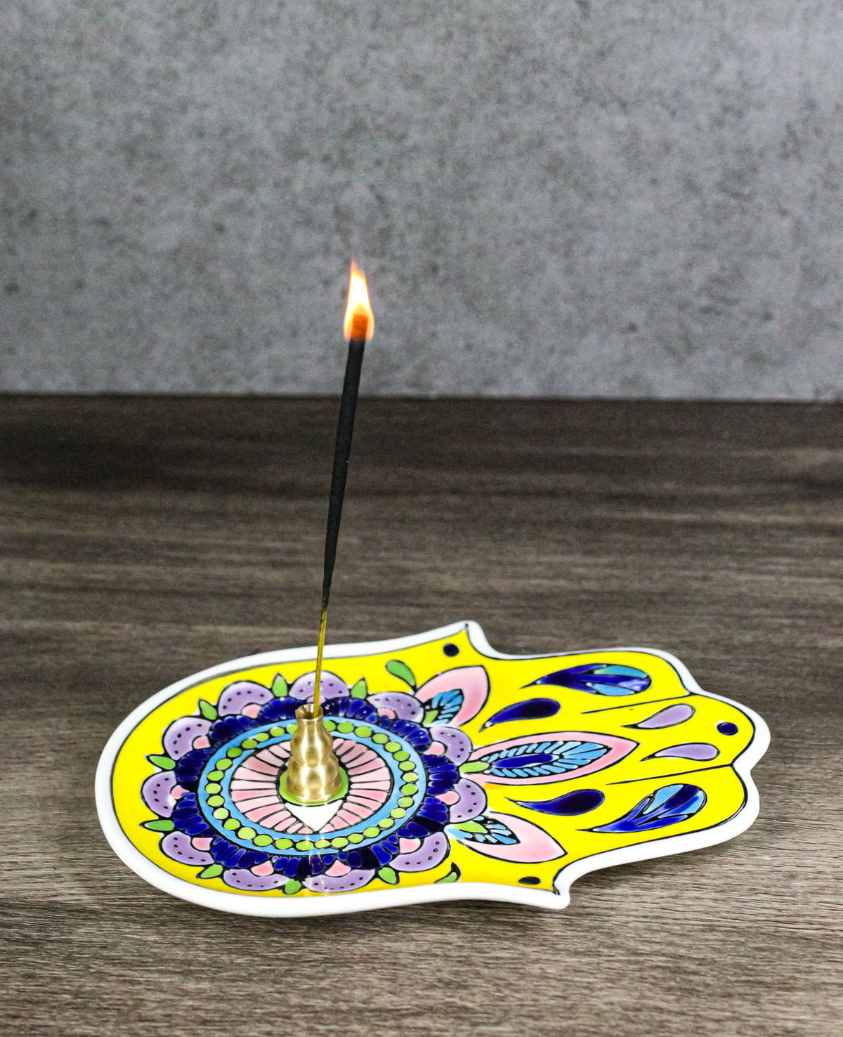 Yellow Chakra Hamsa Palm Mandala and Evil Eye Ceramic Dish Brass Incense Holder