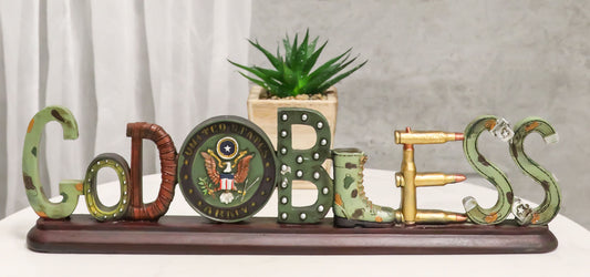 US Army Military Eagle Emblem Bullets And Camo Boots God Bless Word Art Plaque