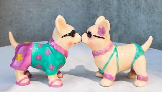 Ebros Beach Honeymoon Lovers Kissing Chihuahua Dogs Ceramic Salt Pepper Shakers Set - Ebros Gift
