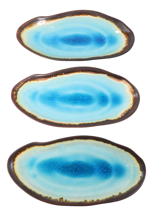 Pack Of 3 Blue Aozora Kannyu Porcelain Oblong Shaped 12" L Serving Platters