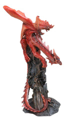 Wizard Fantasy Red Volcanic Dragon Perching On Rune Stone Tower Rock Figurine