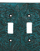 Set of 2 Western Tooled Floral Lace Turquoise Wall Double Toggle Switch Plates