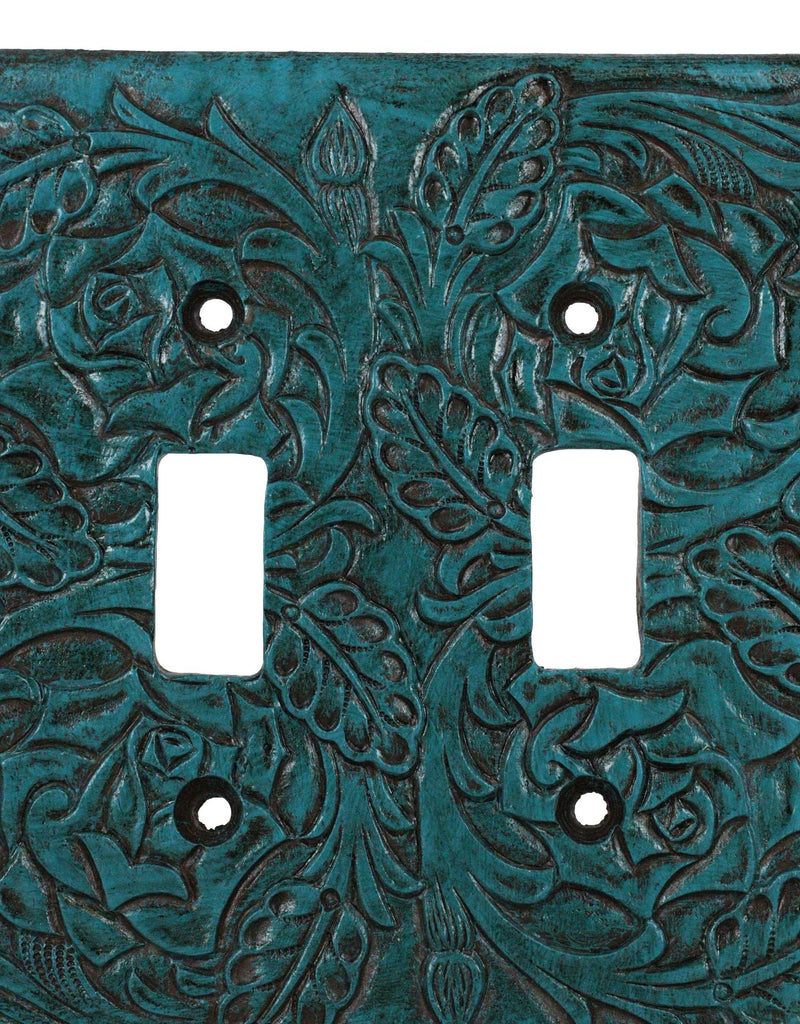 Set of 2 Western Tooled Floral Lace Turquoise Wall Double Toggle Switch Plates