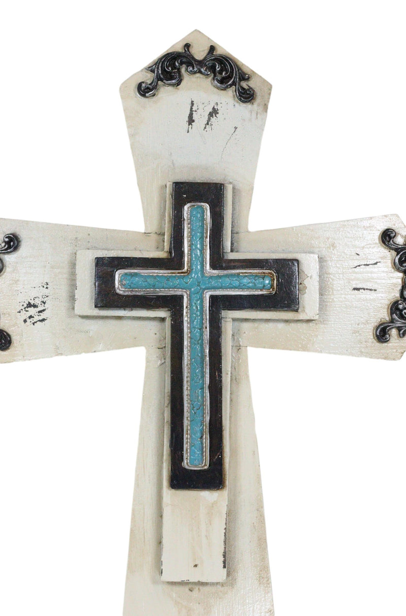 Rustic Western Turquoise Floral Scrollwork Faux Wood Layered Wall Cross Crucifix