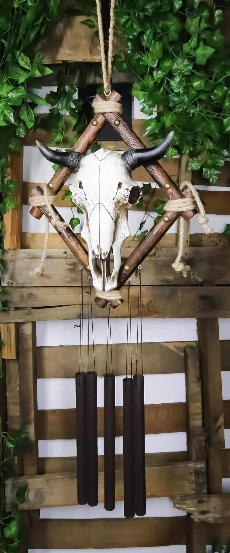 Country Rustic Western Bison Bull Skull On Branchwood Decorative Wind Chime