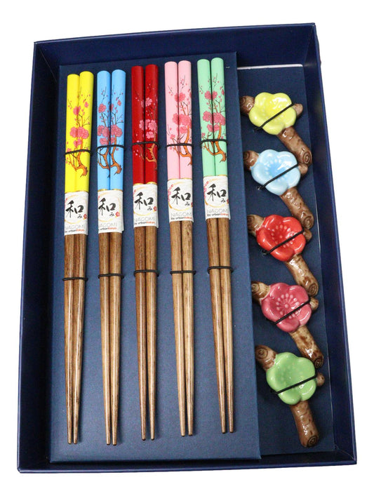 5 Pairs Of Ume Plum Blossoms On Branch Ceramic Rests With Wooden Chopsticks Set