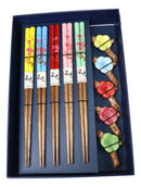 5 Pairs Of Ume Plum Blossoms On Branch Ceramic Rests With Wooden Chopsticks Set