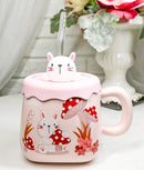 Bunny Rabbit Toadstool Mushrooms Pink Ceramic Mug With Silicone Lid And Straw